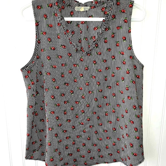 PLEIONE Black/White Stripes Red Floral Print Chic Sleeveless Camisole Blouse Top - Picture 1 of 6